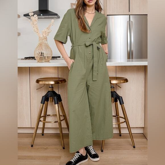 Lulus Your Lucky Day Olive Green Short Sleeve Culotte Jumpsuit Size Medium - Picture 1 of 7